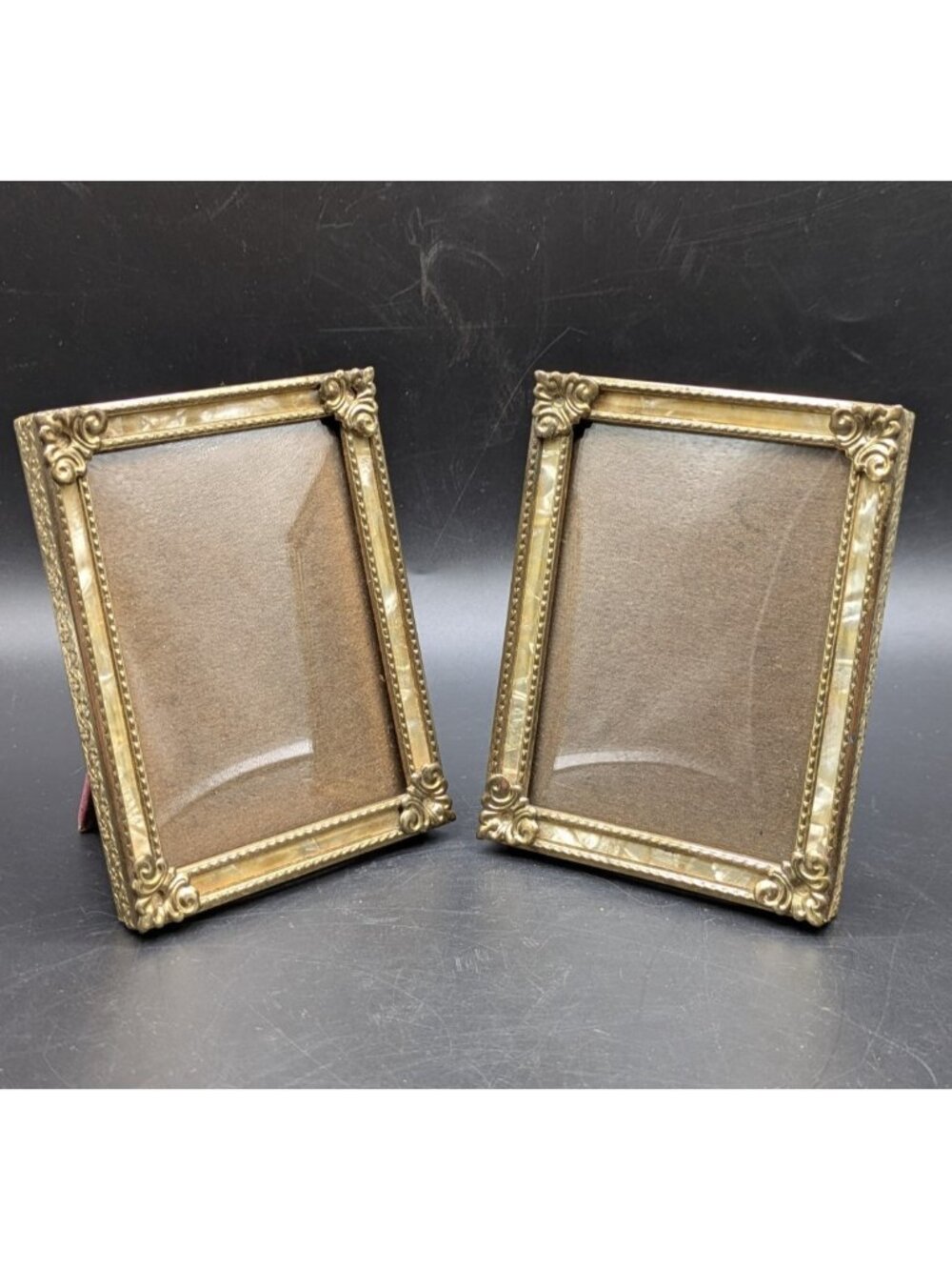 Vintage Miniature Frames Set of 2 Ornate Metal Inlaid MOP Convex Glass Holds 3x4